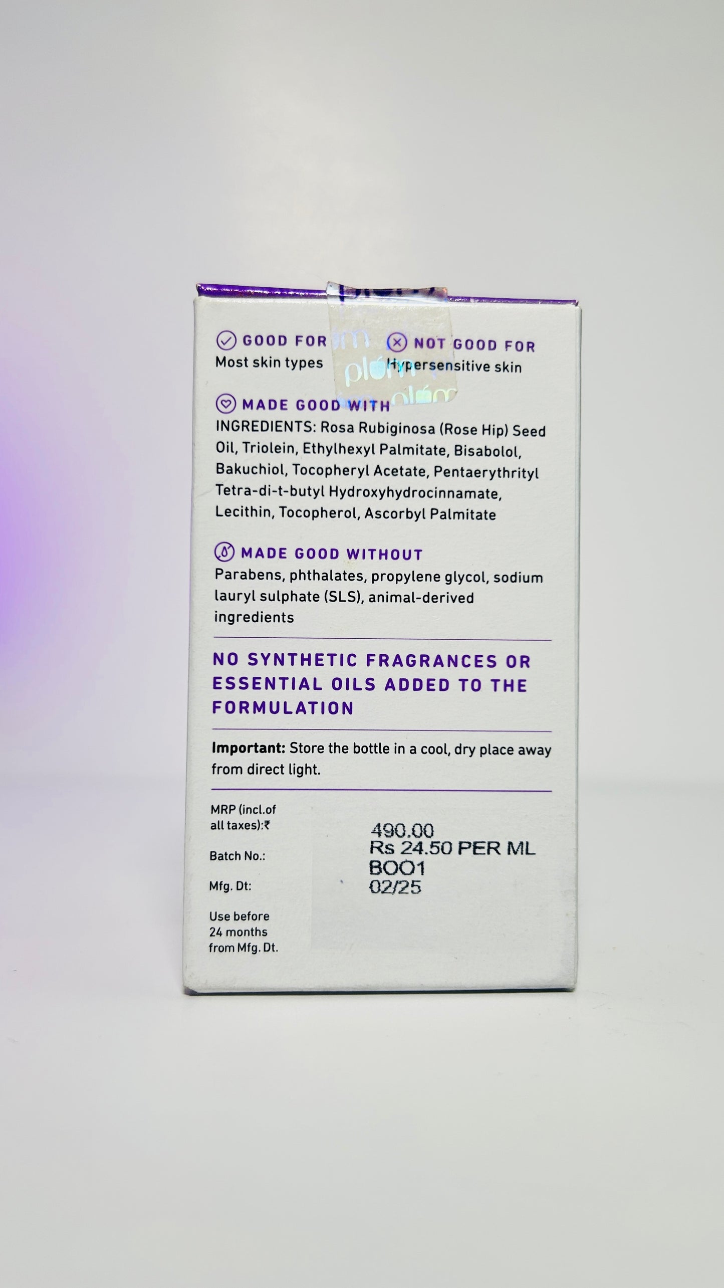 Plum Rosehip Face Oil With 0.5% Bakuchiol & 0.8% Bisabolol | Boosts Collagen for a Youthful Glow | Improves Skin Elasticity, Fine Lines & Wrinkles | Lightweight, Quick Absorbing | Suits all skin types | Fragrance-Free | 100% Vegan (20 ml)