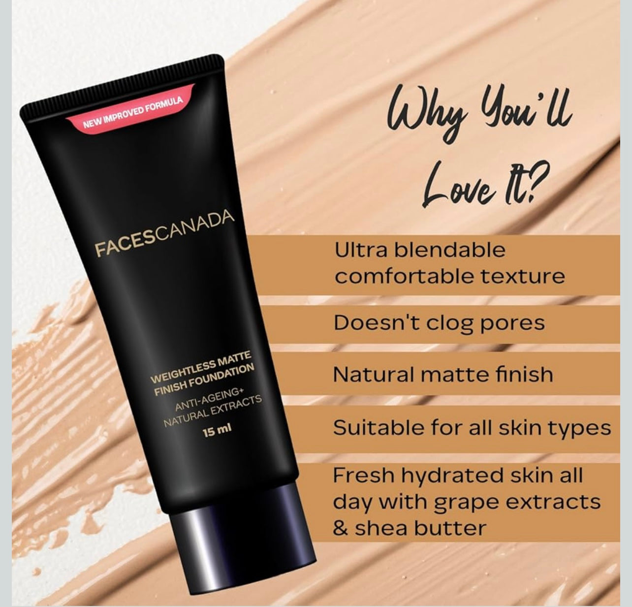 FACESCANADA Weightless Matte Finish Foundation - Sand, 15ml or 18ml | Lightweight | Natural Finish | Anti-Ageing | Non-Clog Pores | Enriched With Olive Seed Oil, Grape Extract, Shea Butter | Shade : Sand