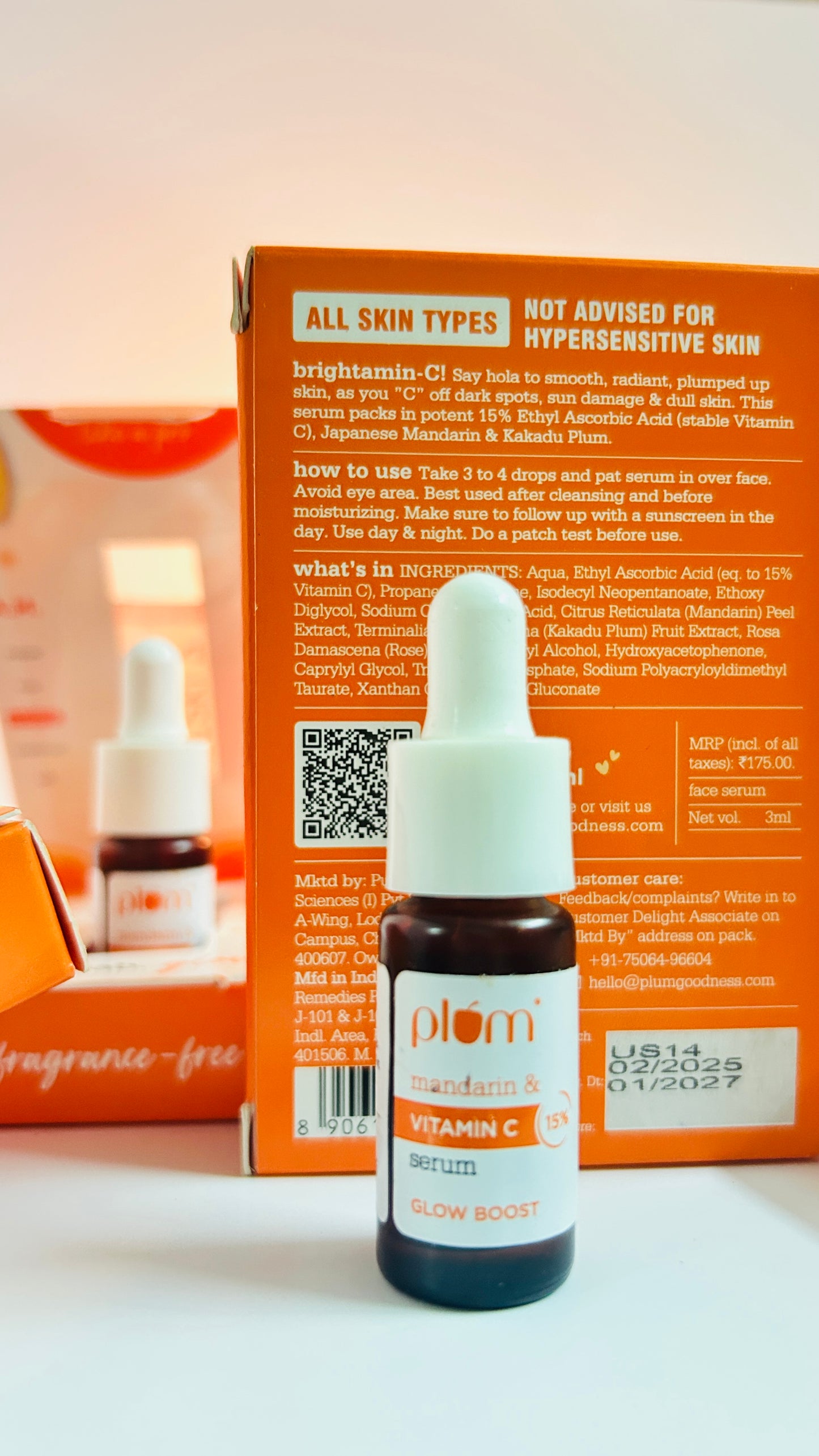 Plum 15% Vitamin C Serum for Glowing Skin mini | for Oily, Dry & Combination Skin | Reduce Pigmentation & Dark Spot |with Mandarin | Non-Irritating, Hydrating & Soothing | Face Serum for Men & Women | 3ml