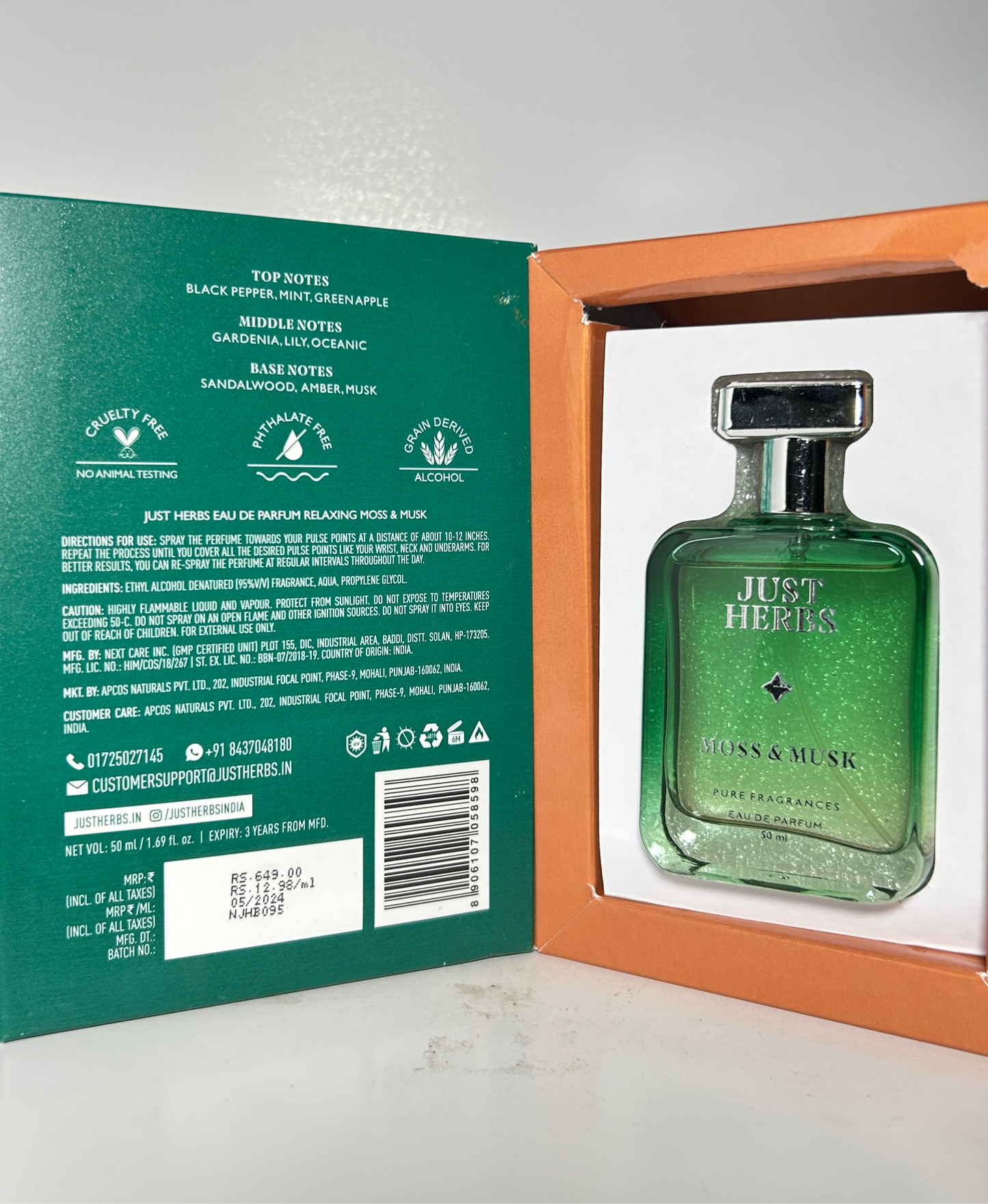 Just Herbs Perfume| Relaxing Moss & Musk | ⭐ 4.5 | Size - 50 Ml RELAXING | SPICY, FLORAL & WOODY | LONG-LASTING | PHTHALATE-FREE FORMULA | UNISEX | CRAFTED WITH GRAIN DERIVED ALCOHOL
Vegan Grain Derived Alcohol
Long Lasting