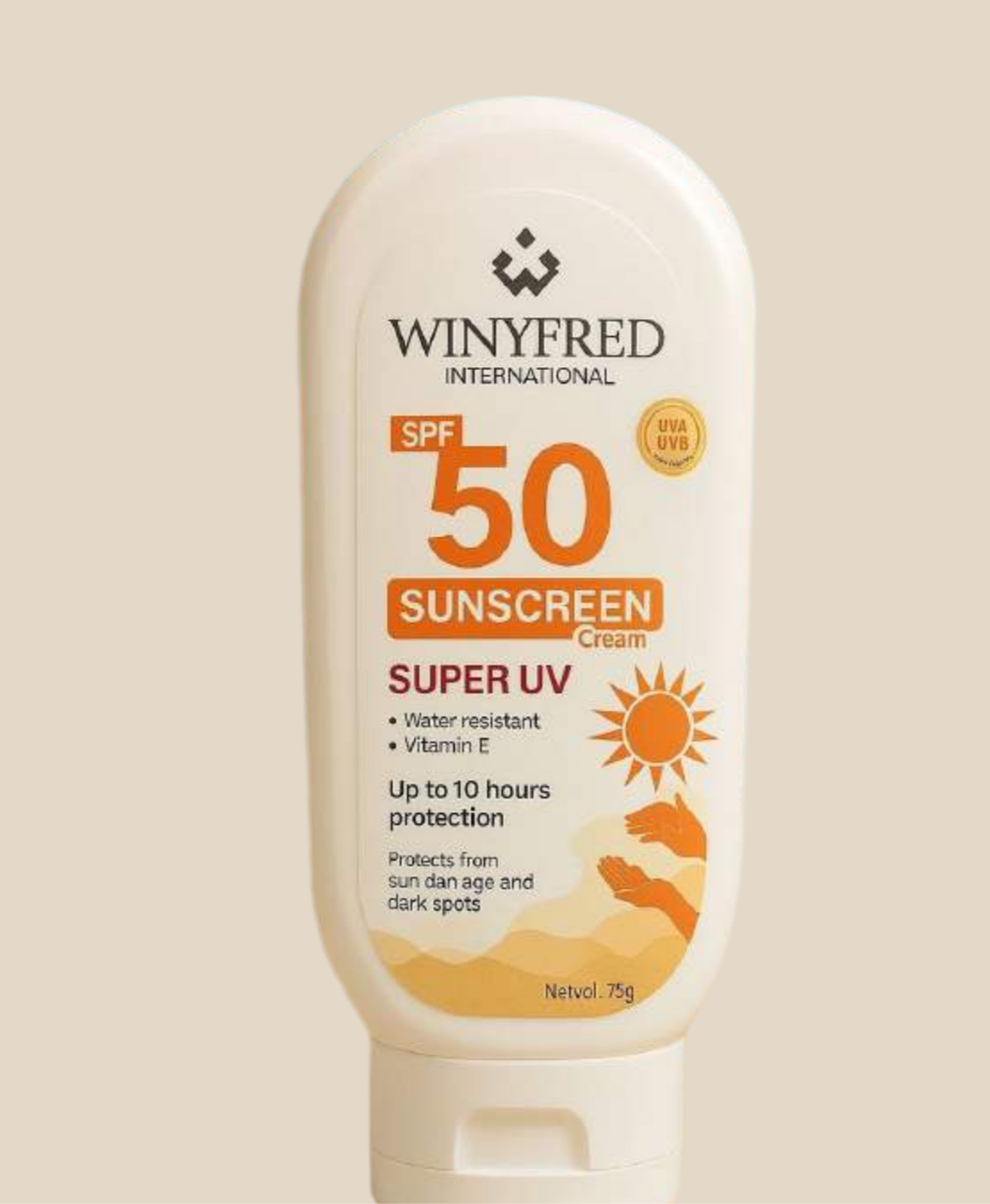 WINYFRED INTERNATIONAL
UVA UVE
SUNSCREEN SPF 50 Cream
SUPER UV
• Water resistant • Vitamin E
Up to 10 hours protection
Protects from
sun dan age and dark spots
Netvol. 75g