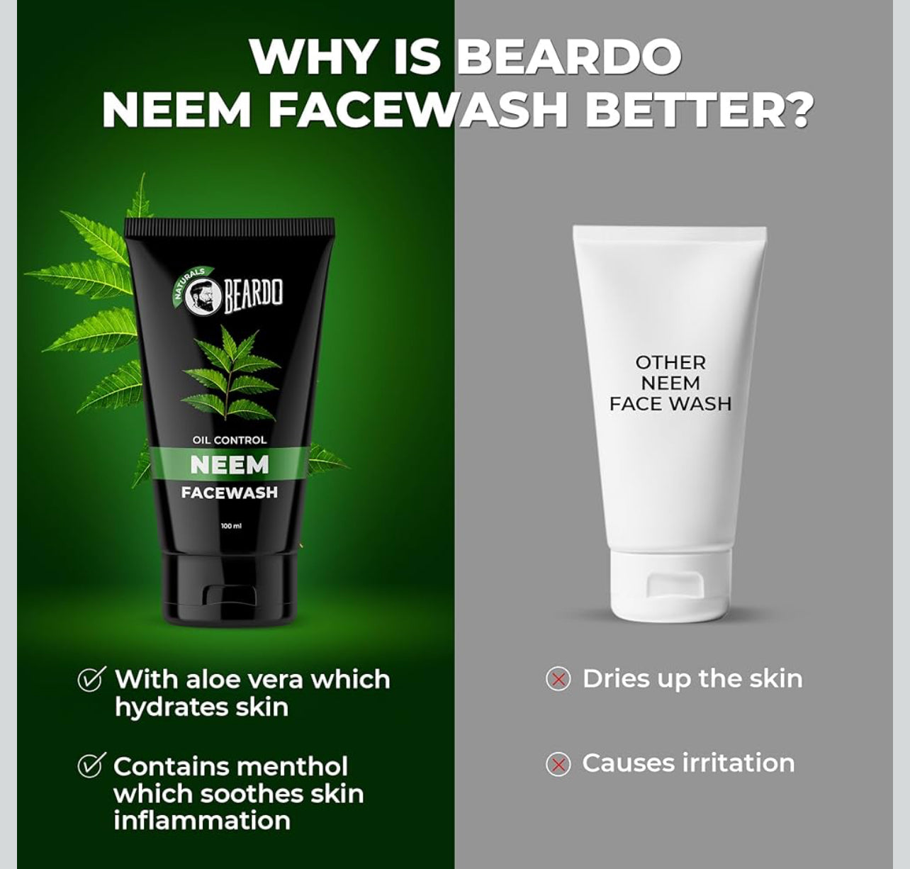 Beardo Purifying Neem Face Wash for Oil Control, 100ml | Soothes & Heals | Daily facewash for men | Face Wash For Oily Skin Acne, Pimple And Oil Control With Glowing Skin