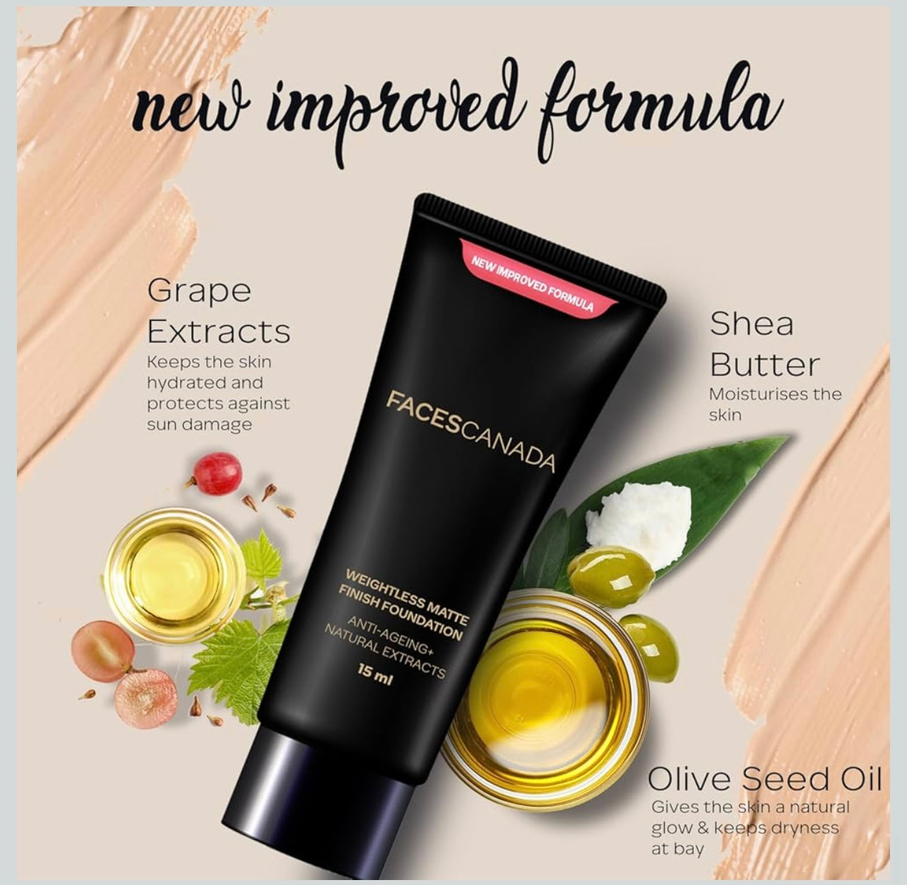 FACESCANADA Weightless Matte Finish Foundation - Sand, 15ml or 18ml | Lightweight | Natural Finish | Anti-Ageing | Non-Clog Pores | Enriched With Olive Seed Oil, Grape Extract, Shea Butter | Shade : Sand