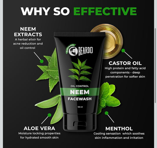 Beardo Purifying Neem Face Wash for Oil Control, 100ml | Soothes & Heals | Daily facewash for men | Face Wash For Oily Skin Acne, Pimple And Oil Control With Glowing Skin