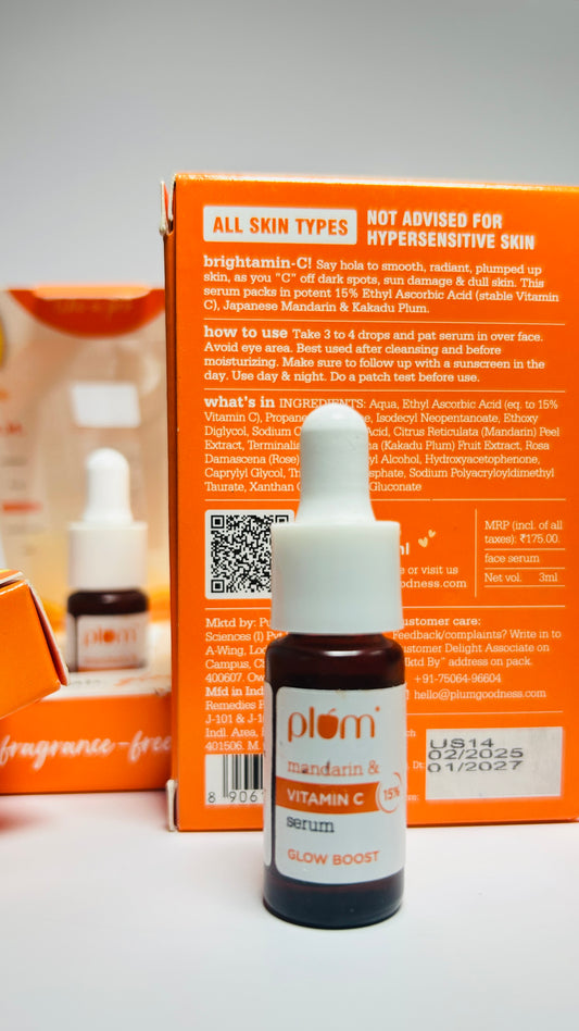 Plum 15% Vitamin C Serum for Glowing Skin mini | for Oily, Dry & Combination Skin | Reduce Pigmentation & Dark Spot |with Mandarin | Non-Irritating, Hydrating & Soothing | Face Serum for Men & Women | 3ml