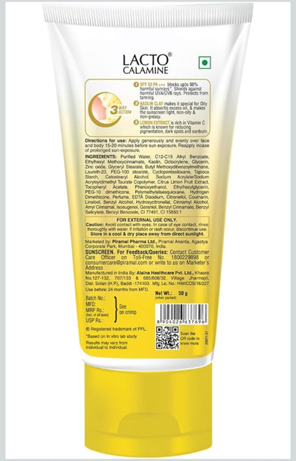 Lacto Calamine Sunscreen SPF 50 | PA +++ Sunscreen for Oily Skin | UVA – UVB Sunscreen | With Kaolin Clay and Lemon Extracts | 50 g