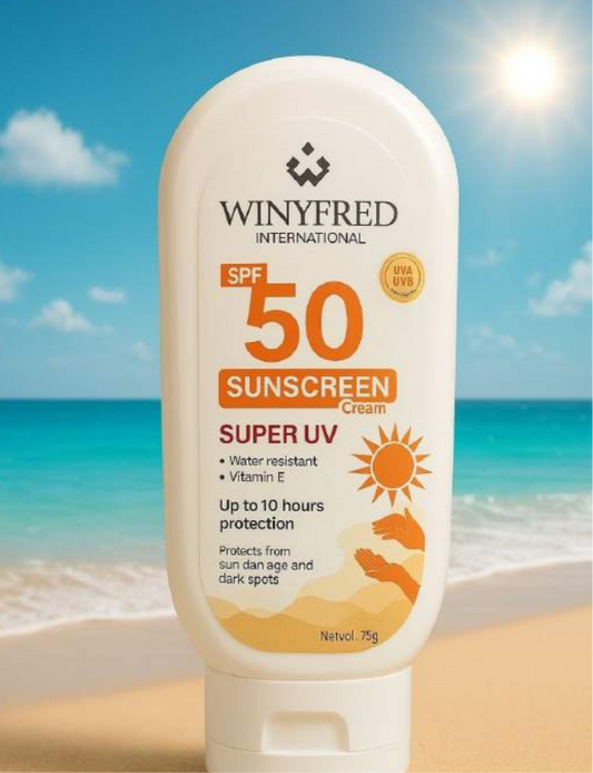 WINYFRED INTERNATIONAL
UVA UVE
SUNSCREEN SPF 50 Cream
SUPER UV
• Water resistant • Vitamin E
Up to 10 hours protection
Protects from
sun dan age and dark spots
Netvol. 75g