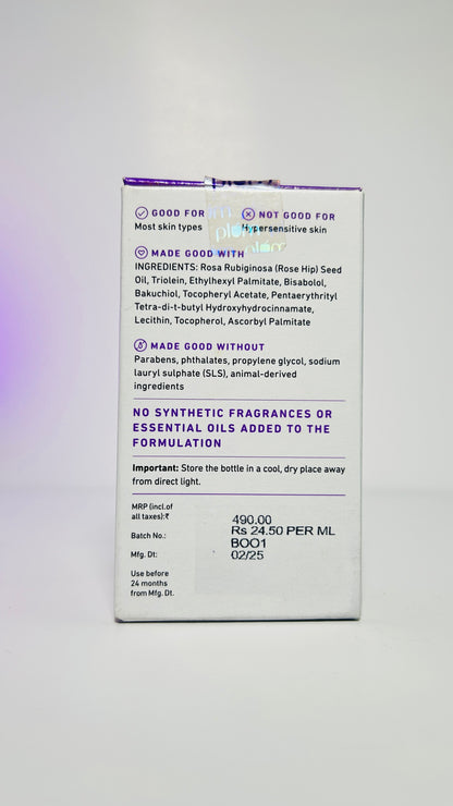 Plum Rosehip Face Oil With 0.5% Bakuchiol & 0.8% Bisabolol | Boosts Collagen for a Youthful Glow | Improves Skin Elasticity, Fine Lines & Wrinkles | Lightweight, Quick Absorbing | Suits all skin types | Fragrance-Free | 100% Vegan (20 ml)