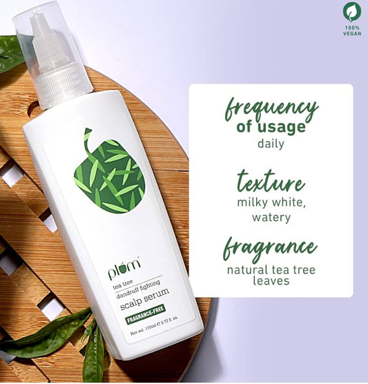 Plum Tea Tree Dandruff Fighting Scalp Serum | Anti-Dandruff Treatment for Scalp | Leave-on Serum | Reduces Itchiness & Soothes Scalp | 100% Vegan, Silicone-Free, Sulphate-Free