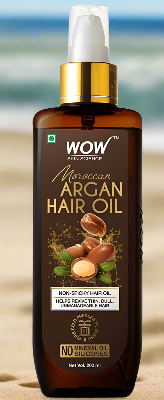 WOW Skin Science Moroccan Argan Hair Oil | For Dry, Frizzy, Damaged Hair | With 7 Cold-Pressed Oils + Vitamin E | Hair Fall Control & Growth | Lightweight, Non-Sticky | Suitable for All Hair Types – 200ml