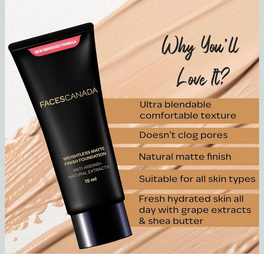 FACESCANADA Weightless Matte Finish Foundation - Sand, 15ml or 18ml | Lightweight | Natural Finish | Anti-Ageing | Non-Clog Pores | Enriched With Olive Seed Oil, Grape Extract, Shea Butter | Shade : Sand