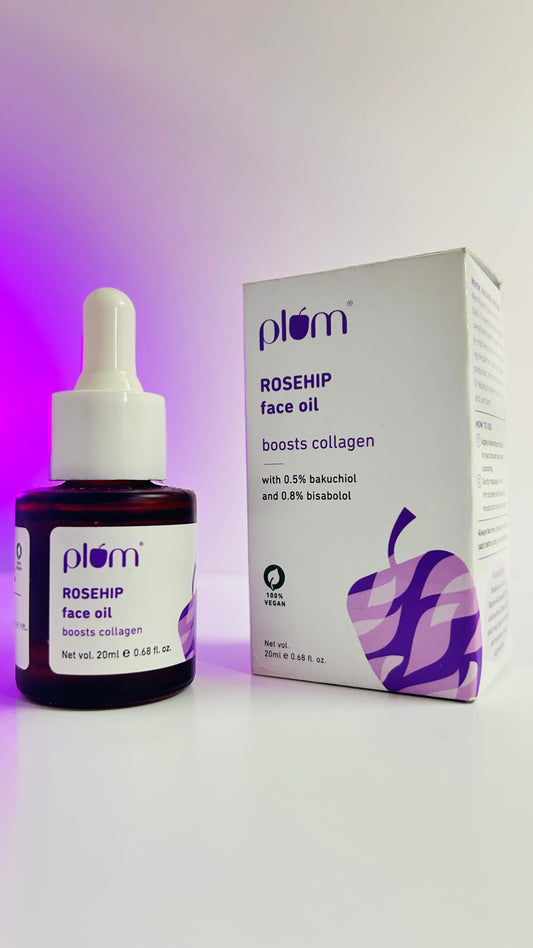 Plum Rosehip Face Oil With 0.5% Bakuchiol & 0.8% Bisabolol | Boosts Collagen for a Youthful Glow | Improves Skin Elasticity, Fine Lines & Wrinkles | Lightweight, Quick Absorbing | Suits all skin types | Fragrance-Free | 100% Vegan (20 ml)