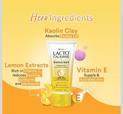 Lacto Calamine Sunscreen SPF 50 | PA +++ Sunscreen for Oily Skin | UVA – UVB Sunscreen | With Kaolin Clay and Lemon Extracts | 50 g