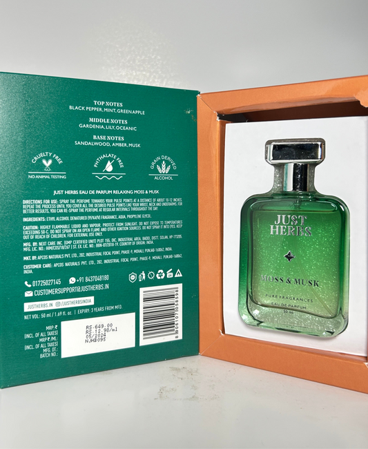 Just Herbs Perfume| Relaxing Moss & Musk | ⭐ 4.5 | Size - 50 Ml RELAXING | SPICY, FLORAL & WOODY | LONG-LASTING | PHTHALATE-FREE FORMULA | UNISEX | CRAFTED WITH GRAIN DERIVED ALCOHOL
Vegan Grain Derived Alcohol
Long Lasting