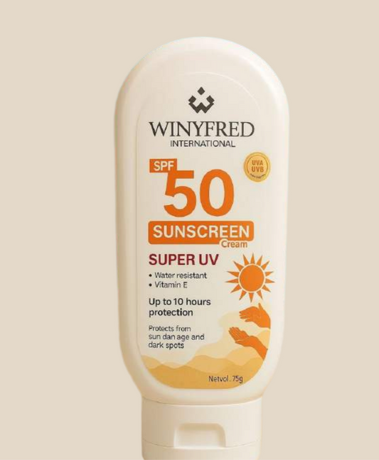 WINYFRED INTERNATIONAL
UVA UVE
SUNSCREEN SPF 50 Cream
SUPER UV
• Water resistant • Vitamin E
Up to 10 hours protection
Protects from
sun dan age and dark spots
Netvol. 75g