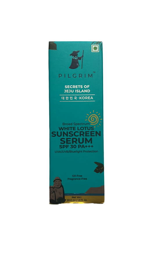 Pilgrim White lotus SUNSCREEN SERUM SPF 30 PA+++ for women & men with Hyaluronic acid & CICA | Oil & silicon free, Broad spectrum, Non-greasy, No white cast | Korean skin care | All skin types | 30 ml