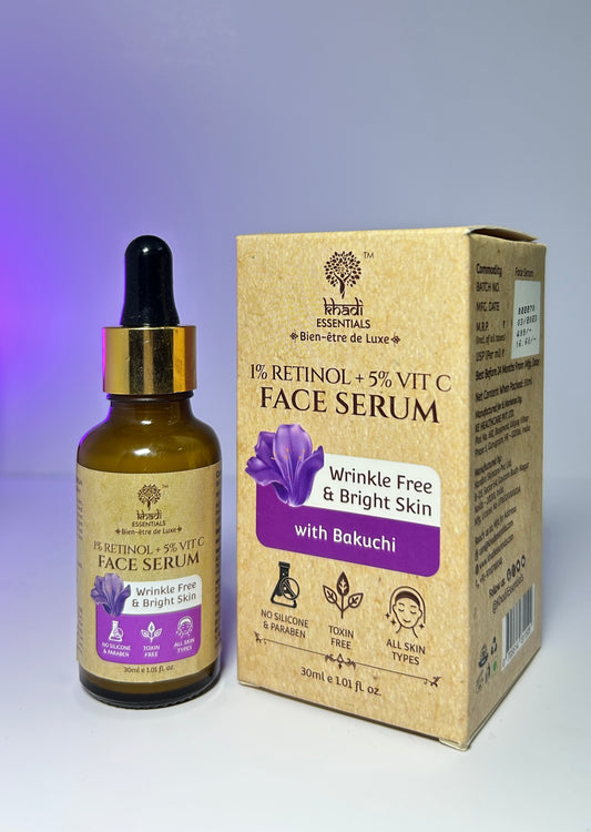 Khadi Essentials 1% Retinol & 5% Vitamin C Face Serum with Bakuchi Extracts for Bright Skin | Reduces Fine Lines, Wrinkles & Pigmentation | for All Skin Type - 30ml