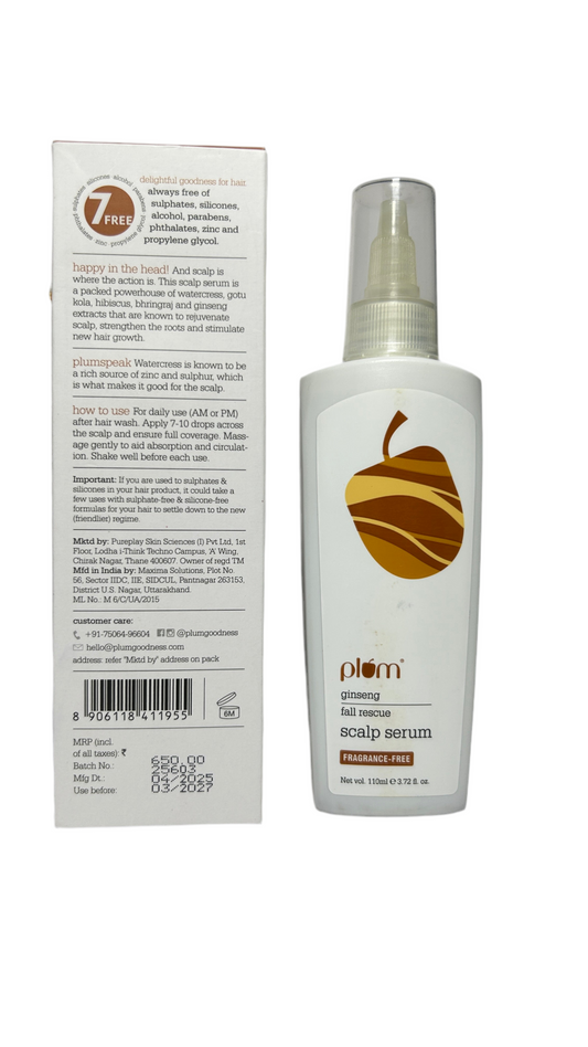 Plum Ginseng Fall Rescue Scalp Serum| Strengthens Roots and Promotes Hair Growth| Leave-on Hair Serum | Silicone-free