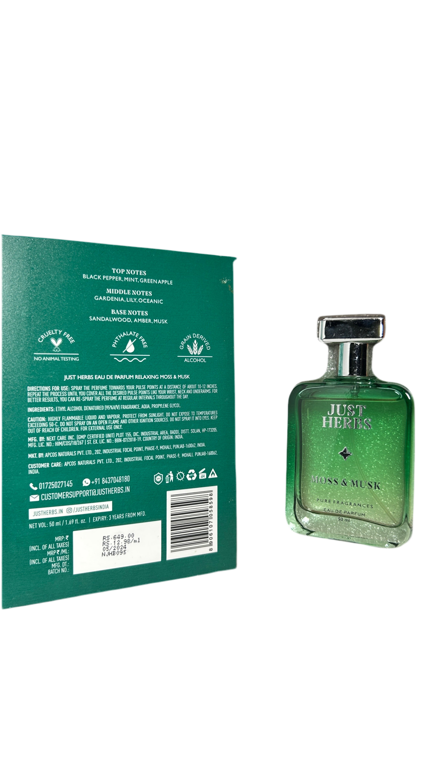 Just Herbs Perfume| Relaxing Moss & Musk | ⭐ 4.5 | Size - 50 Ml RELAXING | SPICY, FLORAL & WOODY | LONG-LASTING | PHTHALATE-FREE FORMULA | UNISEX | CRAFTED WITH GRAIN DERIVED ALCOHOL
Vegan Grain Derived Alcohol
Long Lasting