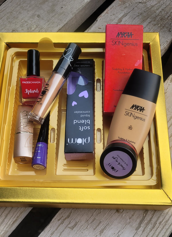Make up Kit | CZ - Peach it up Makeup Kit : Nyka - Skingenius Foundation | Plum  Softblend Liquid Concealer | Lotus Lipstick Endless Red | Plum- Touch n Go - Cheek and Tint | Plum Eyeliner | Faces Canada Nail Colour- Splash series