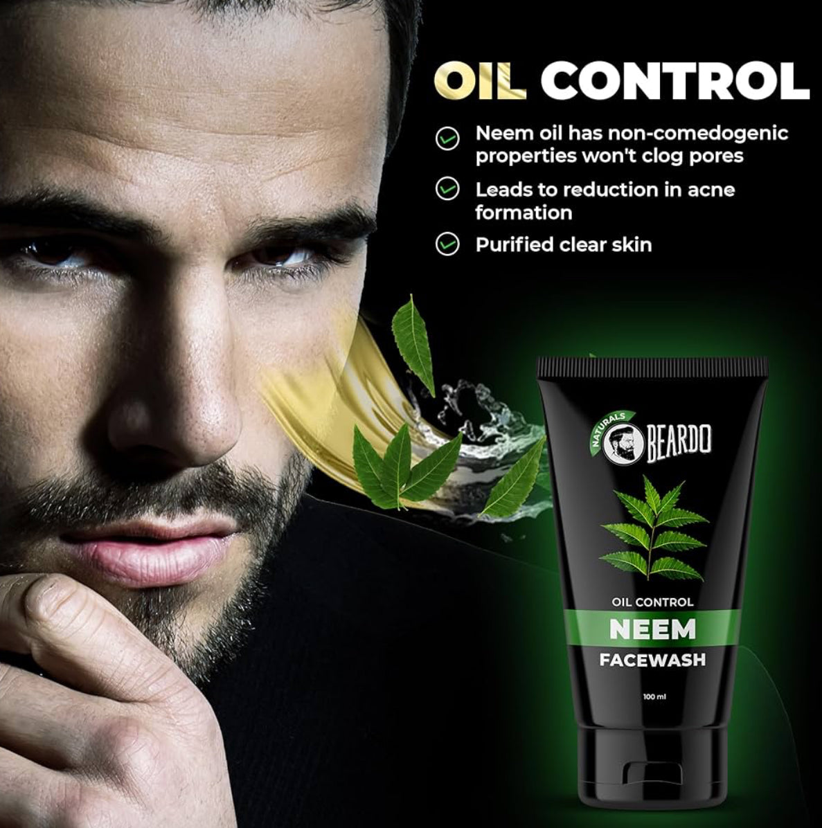 Beardo Purifying Neem Face Wash for Oil Control, 100ml | Soothes & Heals | Daily facewash for men | Face Wash For Oily Skin Acne, Pimple And Oil Control With Glowing Skin
