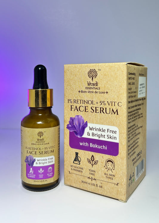 Khadi Essentials 1% Retinol & 5% Vitamin C Face Serum with Bakuchi Extracts for Bright Skin | Reduces Fine Lines, Wrinkles & Pigmentation | for All Skin Type - 30ml