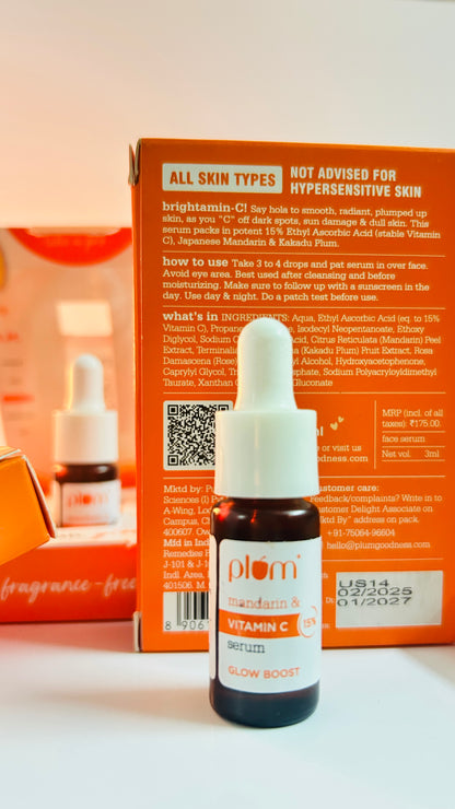Plum 15% Vitamin C Serum for Glowing Skin mini | for Oily, Dry & Combination Skin | Reduce Pigmentation & Dark Spot |with Mandarin | Non-Irritating, Hydrating & Soothing | Face Serum for Men & Women | 3ml